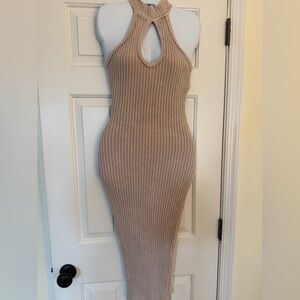 Keyhole cutout Beige Tan Ribbed Halter Dress sleeveless midi dress